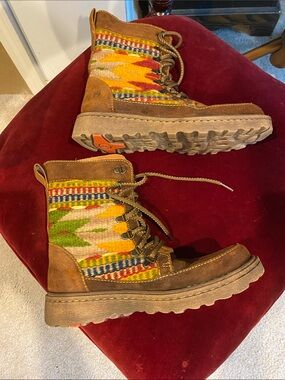 Born Brown Suede Lace-Up Boots with Multicolor Aztec Knit